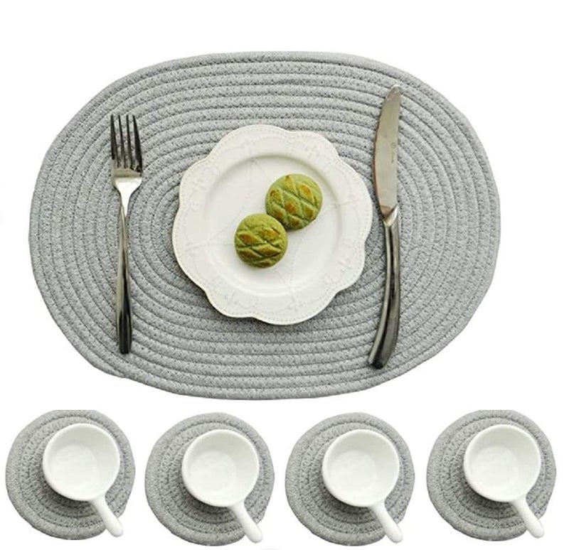 WENFOME 4 Pack Oval Woven Placemats, Gray Cotton Rope Braided Placemats with 4 Pack Round Fabric Coasters, Heat-Resistant Non-Slip Cotton Table Mats Charger Plates for Table Decoration (Gray) - Image 4